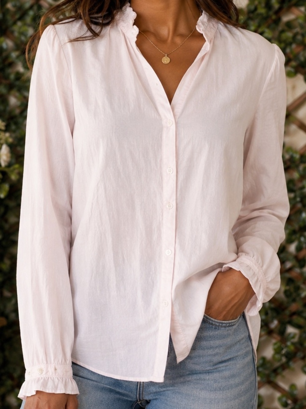 XiRENA Pale Pink Button-Down Ruffle Collar Blouse